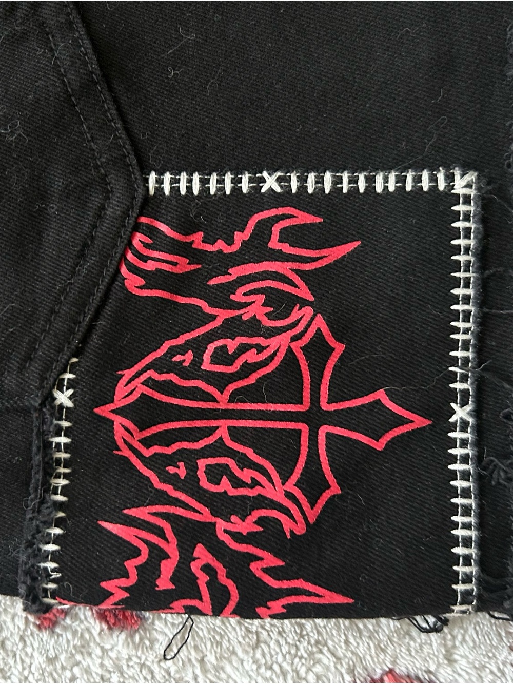 Black Goth/ Emo/ Punk Denim Mini Skirt with chains and embroidered patches. - Picture 5 of 7